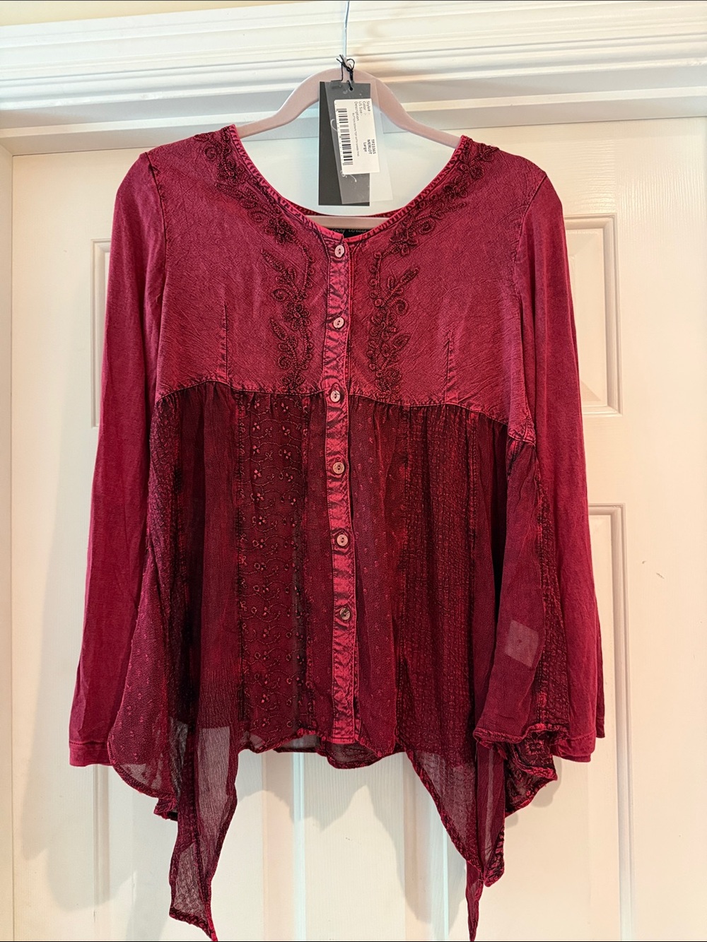 Young Threads Women's Burgundy Button-Front Embroidered Boho Blouse